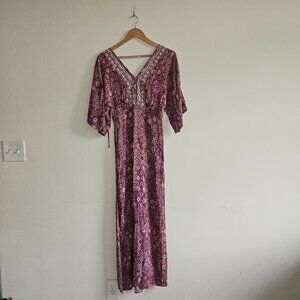 En Creme  purple and pink patterned boho maxi dress with white embroidery trim S